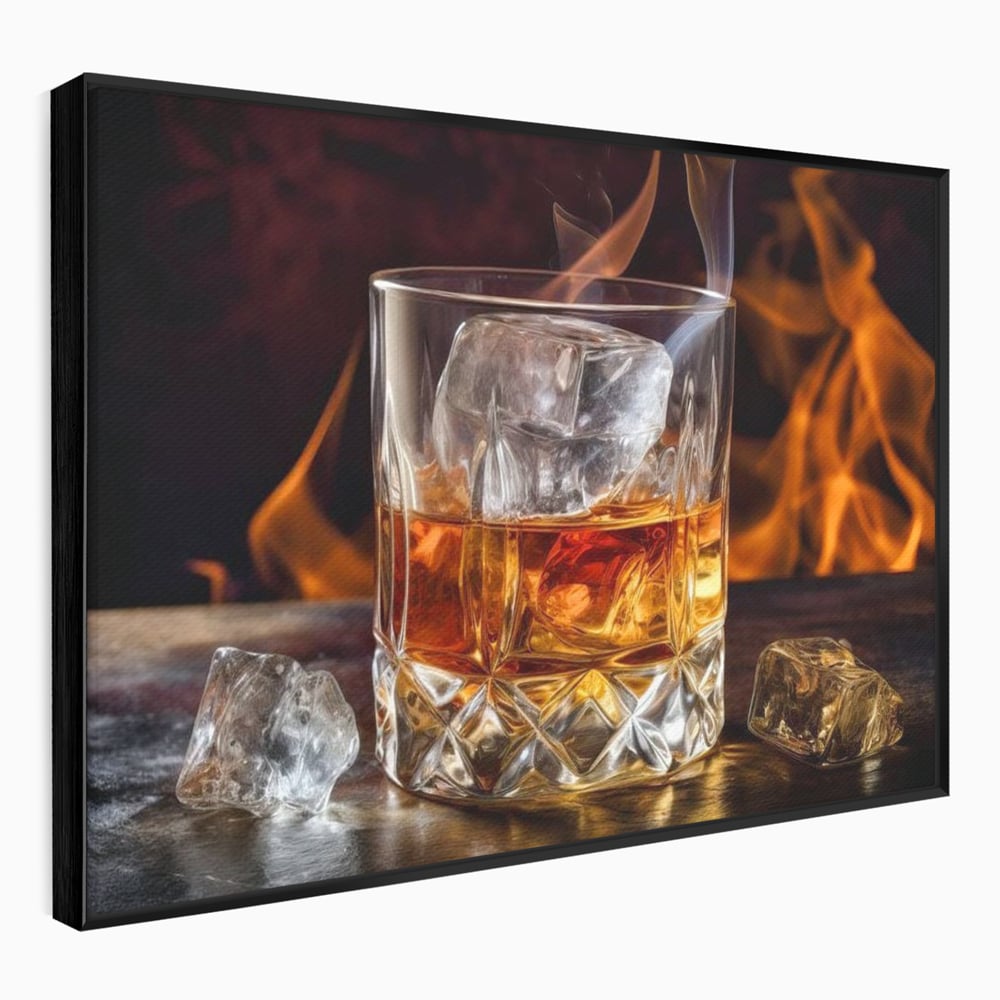 Tablou canvas cu tablou canvas cu pahar de whisky si foc, in rama de aluminiu negru